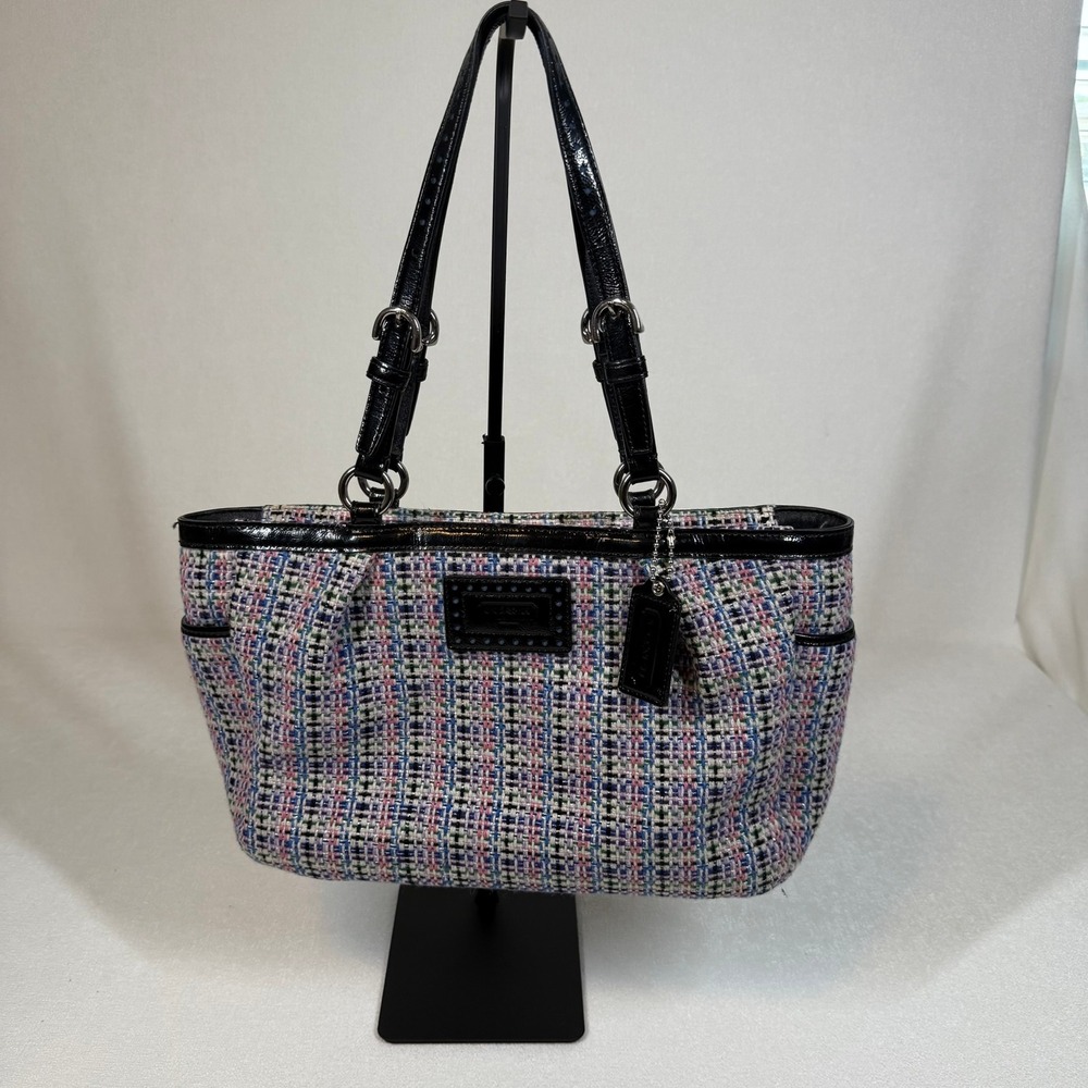 Coach Tweed Shoulder Bag Black Patent Leather Trim Multi Color Tote F17699
